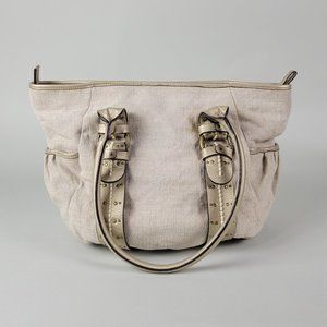 KATE LANDRY Off-White Linen Shoulder Bag with Leather Accents